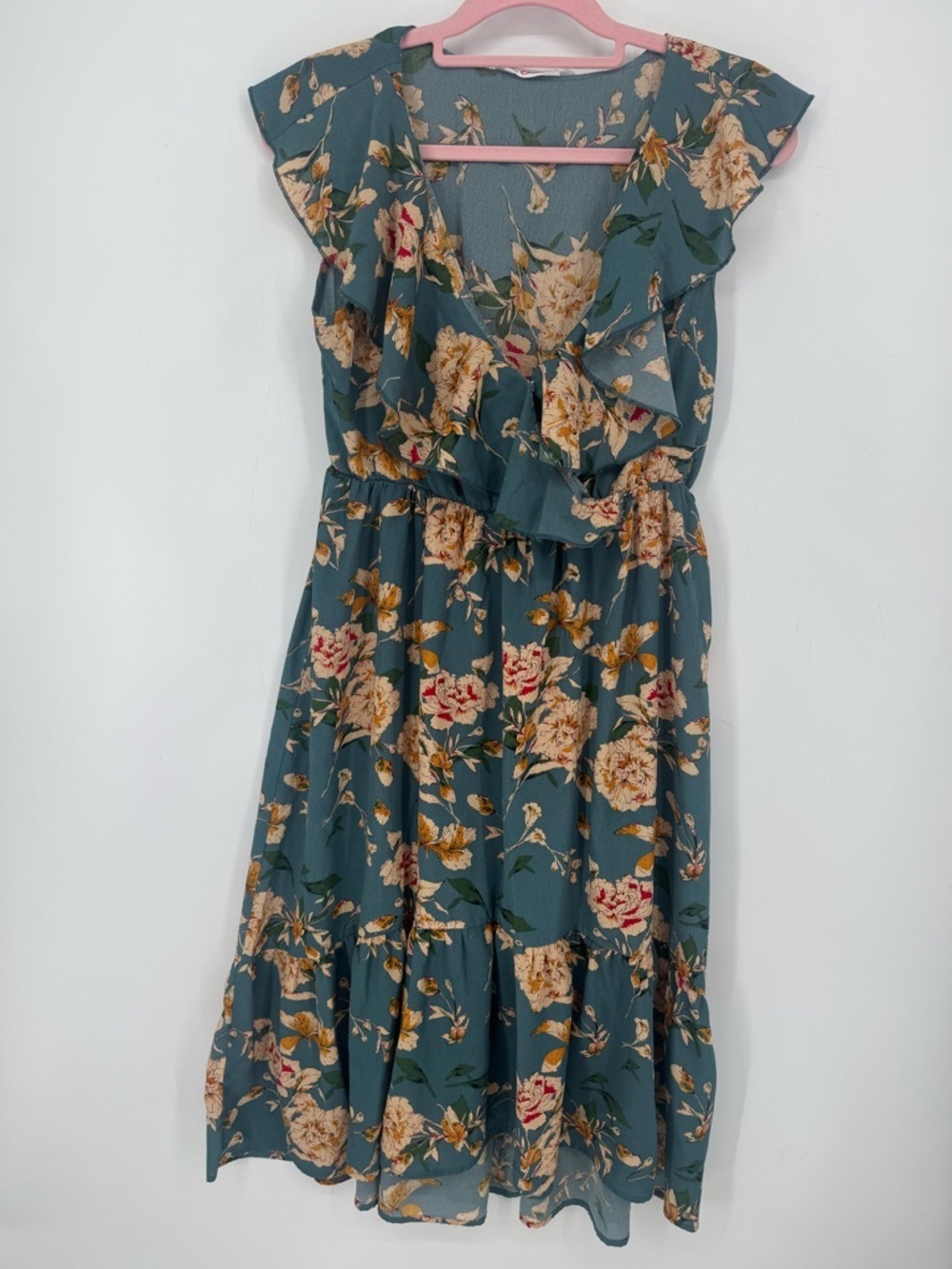 PatPat Women's Teal Floral Ruffle V- Neck Midi Dress Quiet Luxury Size Large